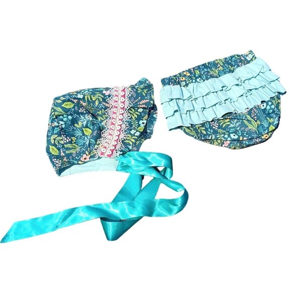 Handmade Bloomers Bonnet Panty Cover Floral Ruffles Girls 20" Waist Turquoise Pi - Picture 1 of 7